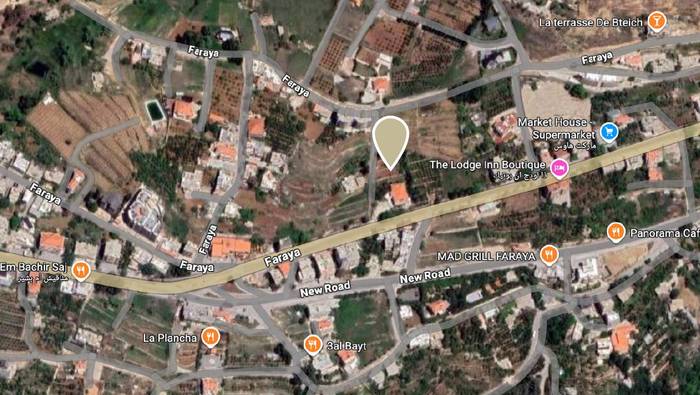 Satellite map showing the location of Plot 2427 in Faraya, with nearby landmarks including The Lodge and main road access