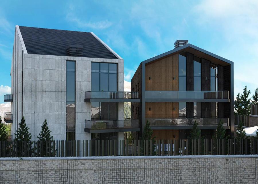 Faraya 2427 — summer front view showing contemporary wood and concrete architecture